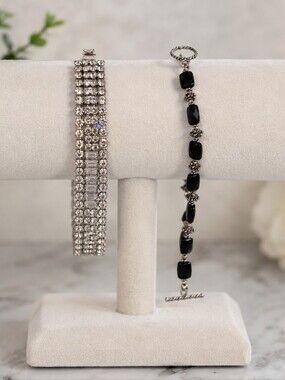 Silver Tone Clear Rhinestone Wide Statement + Black Bead Toggle Bracelet Set